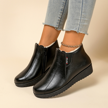 Дамски зимни памучни обувки с флисов хастар — PU горна част, стелка от флис, нисък връх, плосък ток, страничен цип