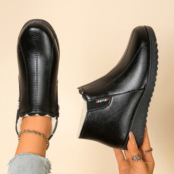 Дамски зимни памучни обувки с флисов хастар — PU горна част, стелка от флис, нисък връх, плосък ток, страничен цип