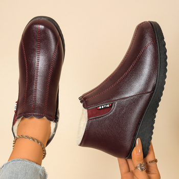 Дамски зимни памучни обувки с флисов хастар — PU горна част, стелка от флис, нисък връх, плосък ток, страничен цип