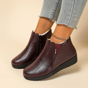 Дамски зимни памучни обувки с флисов хастар — PU горна част, стелка от флис, нисък връх, плосък ток, страничен цип