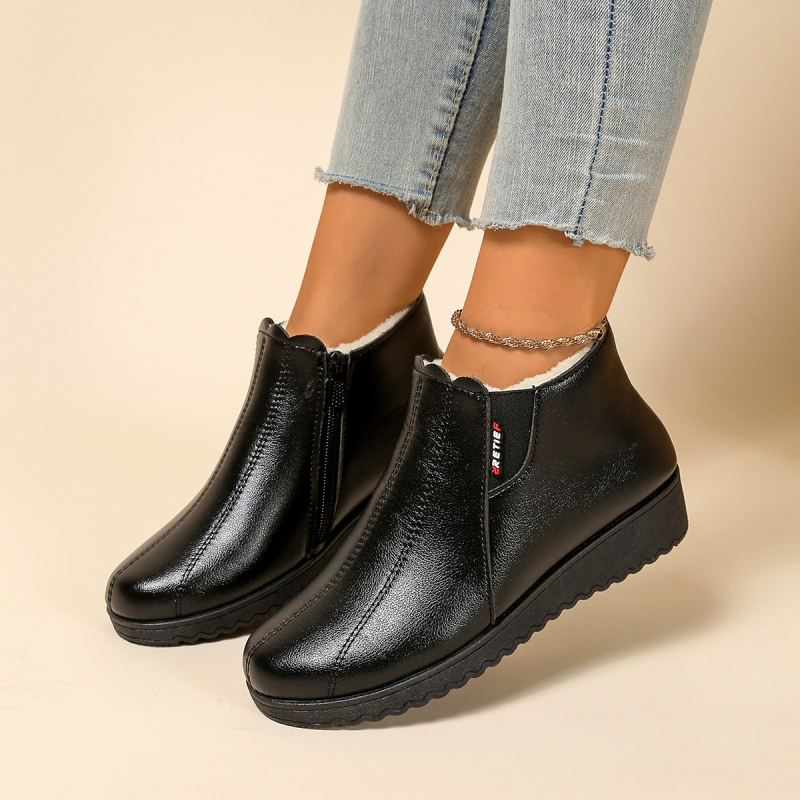 Дамски зимни памучни обувки с флисов хастар — PU горна част, стелка от флис, нисък връх, плосък ток, страничен цип