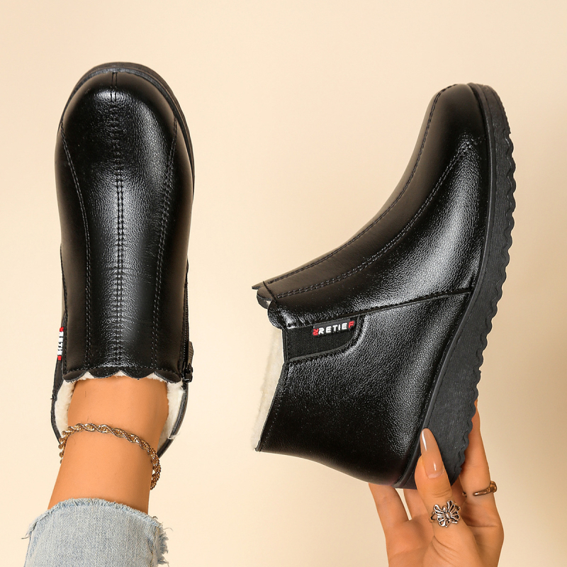 Дамски зимни памучни обувки с флисов хастар — PU горна част, стелка от флис, нисък връх, плосък ток, страничен цип