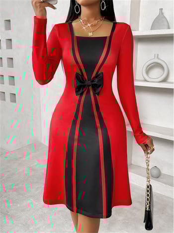 Milk Silk materiálból készült stredne dlhé šaty, farebný blok s motýľovým uzlom dekorom, okrúhly golier, dlhé rukávy (Milk Silk; Solid Color; Round Collar; Long Sleeve; Mid-Length)