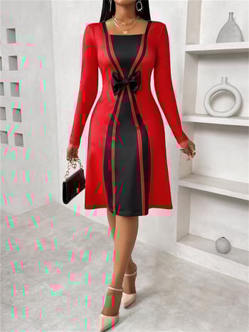 Milk Silk materiálból készült stredne dlhé šaty, farebný blok s motýľovým uzlom dekorom, okrúhly golier, dlhé rukávy (Milk Silk; Solid Color; Round Collar; Long Sleeve; Mid-Length)