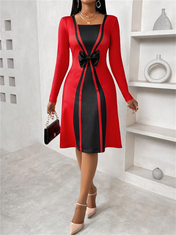 Milk Silk materiálból készült stredne dlhé šaty, farebný blok s motýľovým uzlom dekorom, okrúhly golier, dlhé rukávy (Milk Silk; Solid Color; Round Collar; Long Sleeve; Mid-Length)