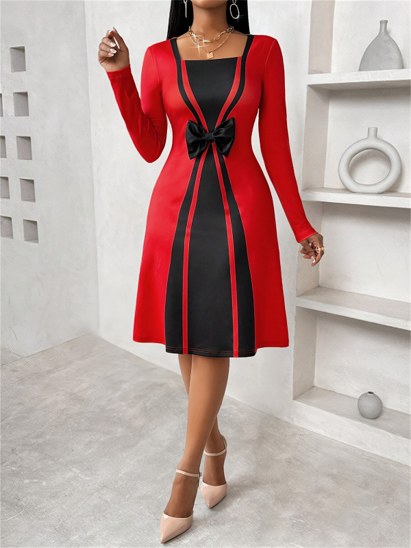 Milk Silk materiálból készült stredne dlhé šaty, farebný blok s motýľovým uzlom dekorom, okrúhly golier, dlhé rukávy (Milk Silk; Solid Color; Round Collar; Long Sleeve; Mid-Length)