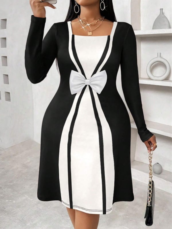 Milk Silk materiálból készült stredne dlhé šaty, farebný blok s motýľovým uzlom dekorom, okrúhly golier, dlhé rukávy (Milk Silk; Solid Color; Round Collar; Long Sleeve; Mid-Length)