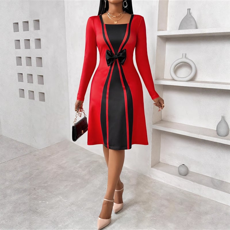 Milk Silk materiálból készült stredne dlhé šaty, farebný blok s motýľovým uzlom dekorom, okrúhly golier, dlhé rukávy (Milk Silk; Solid Color; Round Collar; Long Sleeve; Mid-Length)