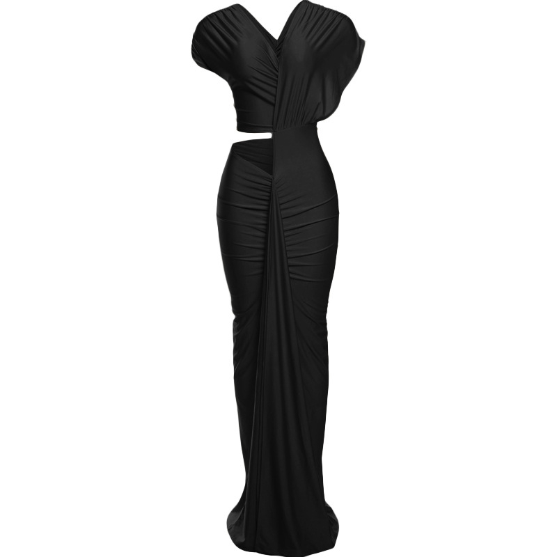 Ruha magas derekú, hosszú szoknya, rövid ujjú, ferde gallér, pulóver-stílus – egyszínű poliészter-elasztán anyag (90-95% poliészter, legfeljebb 30% elasztán)