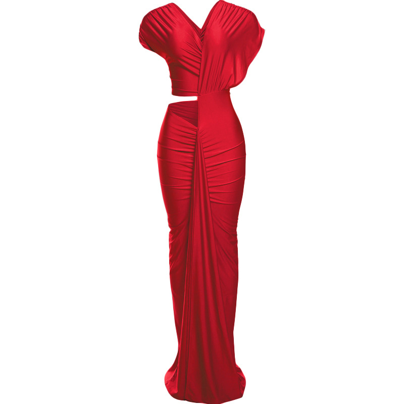 Ruha magas derekú, hosszú szoknya, rövid ujjú, ferde gallér, pulóver-stílus – egyszínű poliészter-elasztán anyag (90-95% poliészter, legfeljebb 30% elasztán)