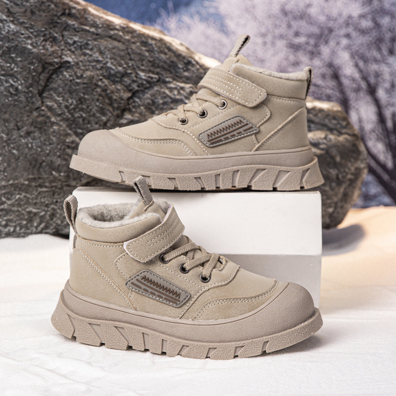 Uniszex gyerekeknek készült havas csizma, vastag meleg pamutbélés, Velcro-zárás, felső rész szintetikus bőrből, talp TPR, téli használatra, 4–16 év