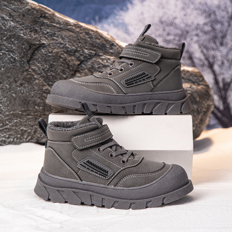 Uniszex gyerekeknek készült havas csizma, vastag meleg pamutbélés, Velcro-zárás, felső rész szintetikus bőrből, talp TPR, téli használatra, 4–16 év