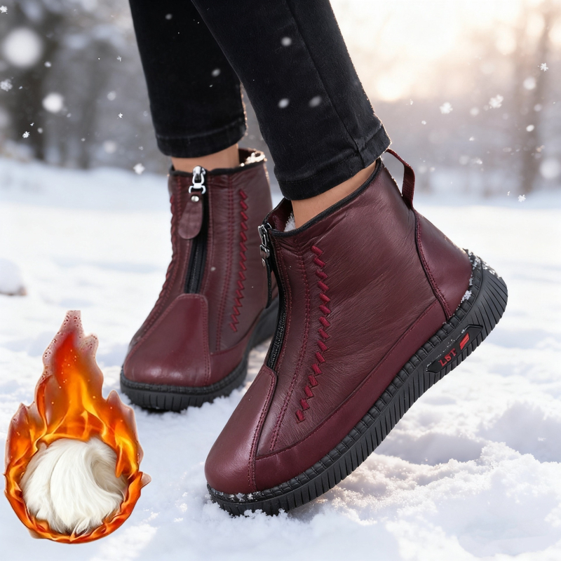 Téli női csizma műbőr felsőrésszel és műszőrmés béléssel, középmagas szár, előre cipzár, PVC talp
