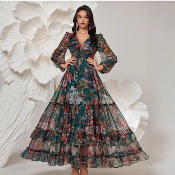 Poliester haljina duga s A-linijom i V izrezom, privatni društveni stil