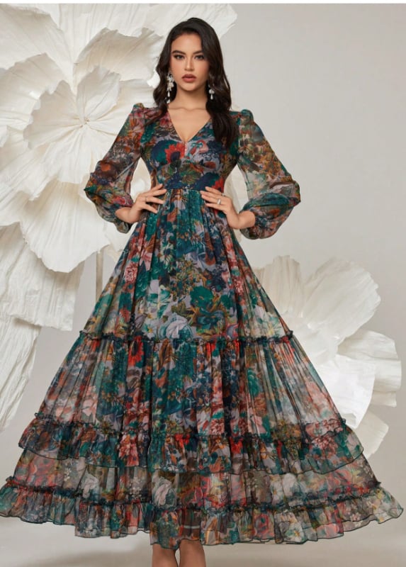 Poliester haljina duga s A-linijom i V izrezom, privatni društveni stil