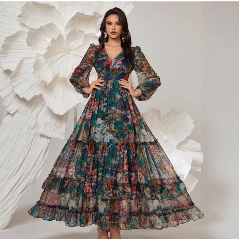 Poliester haljina duga s A-linijom i V izrezom, privatni društveni stil