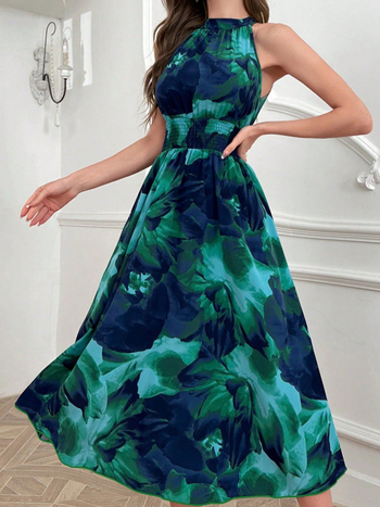 Duga bezrukavna haljina A-linije, s okruglim izrezom i visokim strukom, otisak na elastičnom poliestersu (ljeto 2025)