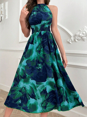 Duga bezrukavna haljina A-linije, s okruglim izrezom i visokim strukom, otisak na elastičnom poliestersu (ljeto 2025)