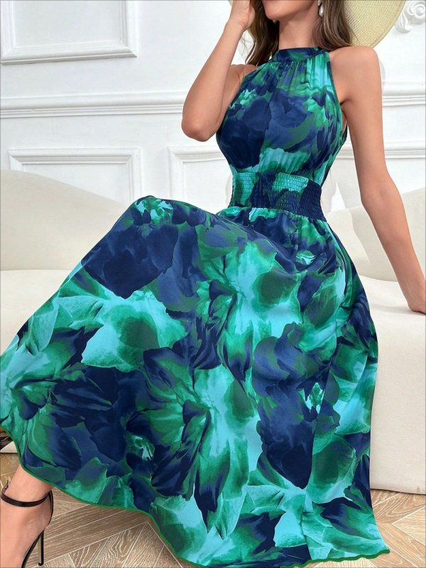 Duga bezrukavna haljina A-linije, s okruglim izrezom i visokim strukom, otisak na elastičnom poliestersu (ljeto 2025)