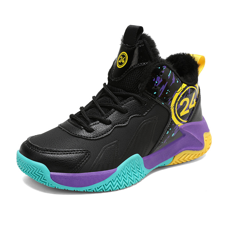 Fiúknak készült kosárlabda edzőcipő – csúszásmentes, meleg, lélegző, fűzővel, felső része szintetikus bőr, talp TPR