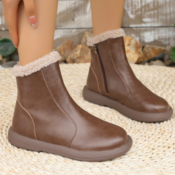 Cizme de iarnă pentru femei, căptușite cu fleece, PU partea superioară, talpă din cauciuc, fermoar lateral, toc mediu 3–5 cm