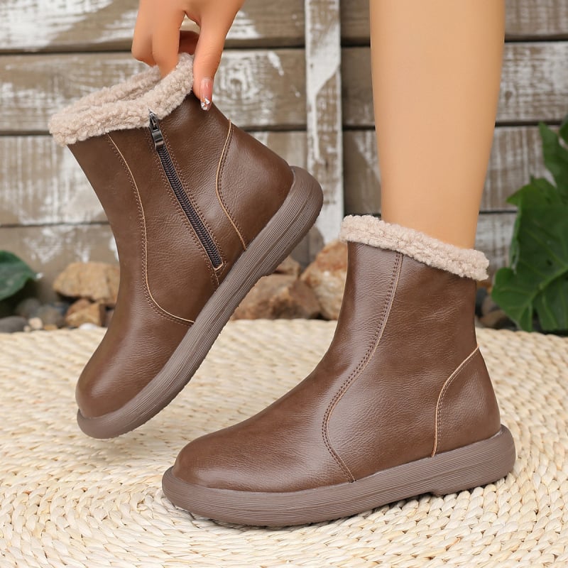 Cizme de iarnă pentru femei, căptușite cu fleece, PU partea superioară, talpă din cauciuc, fermoar lateral, toc mediu 3–5 cm