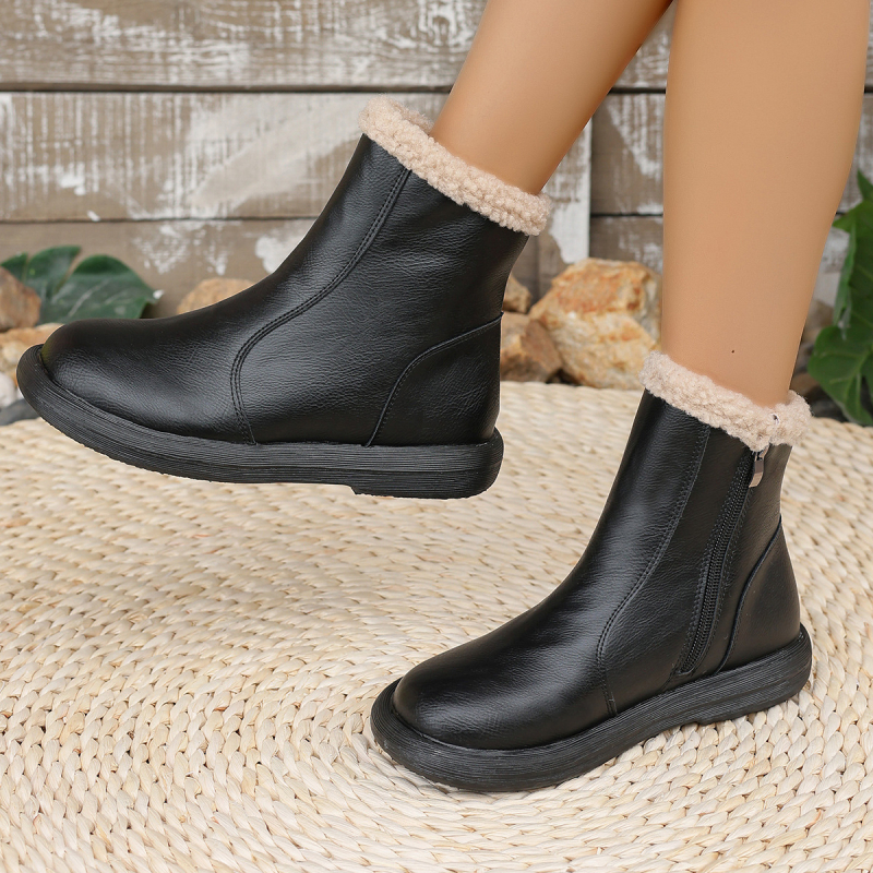 Cizme de iarnă pentru femei, căptușite cu fleece, PU partea superioară, talpă din cauciuc, fermoar lateral, toc mediu 3–5 cm