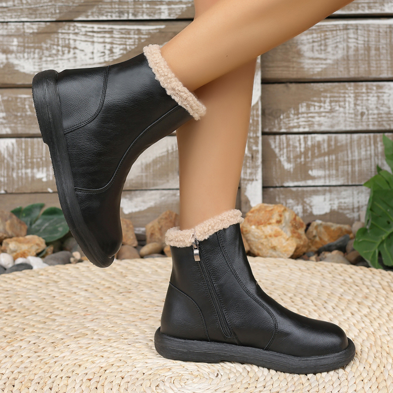 Cizme de iarnă pentru femei, căptușite cu fleece, PU partea superioară, talpă din cauciuc, fermoar lateral, toc mediu 3–5 cm