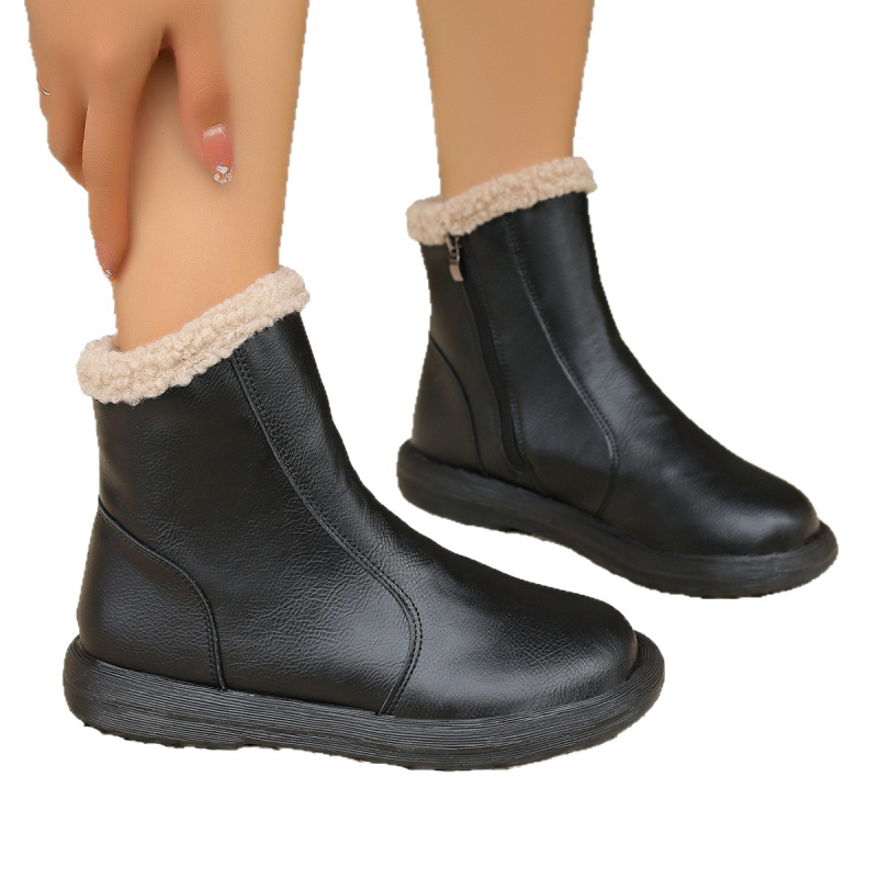 Cizme de iarnă pentru femei, căptușite cu fleece, PU partea superioară, talpă din cauciuc, fermoar lateral, toc mediu 3–5 cm