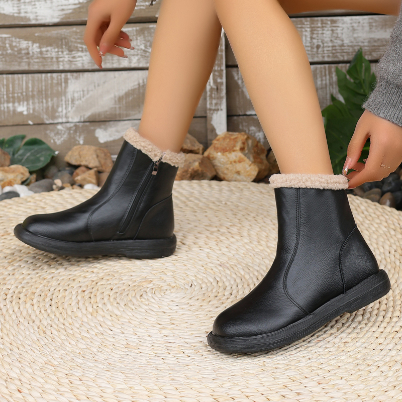 Cizme de iarnă pentru femei, căptușite cu fleece, PU partea superioară, talpă din cauciuc, fermoar lateral, toc mediu 3–5 cm