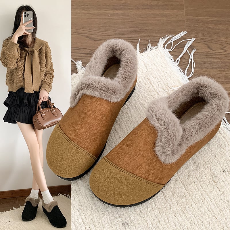 Női vintage slip-on mokaszni plüss bélésű, kerek orr, mű PU felsőrész, gumírozott talp, alacsony sarok 1-3 cm, színblokkolt minta, őszi-téli szezon