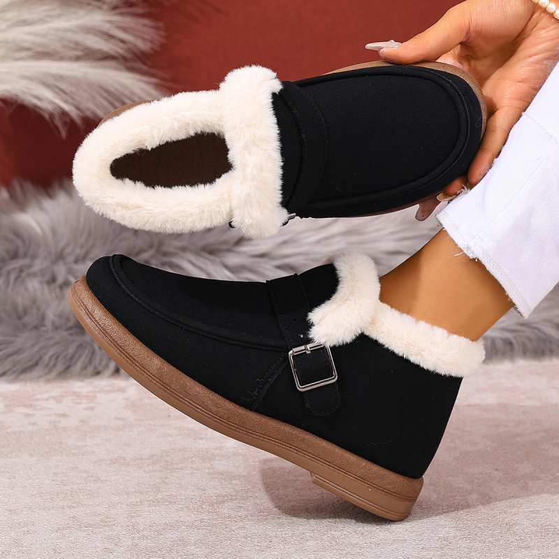 Női téli slip-on csizmák, melegek, textil felsőrész, kerek orr, alacsony szár, lapos talp