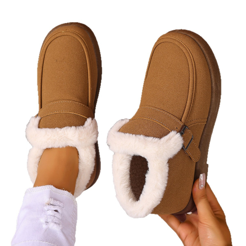 Női téli slip-on csizmák, melegek, textil felsőrész, kerek orr, alacsony szár, lapos talp
