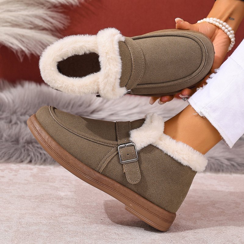 Női téli slip-on csizmák, melegek, textil felsőrész, kerek orr, alacsony szár, lapos talp