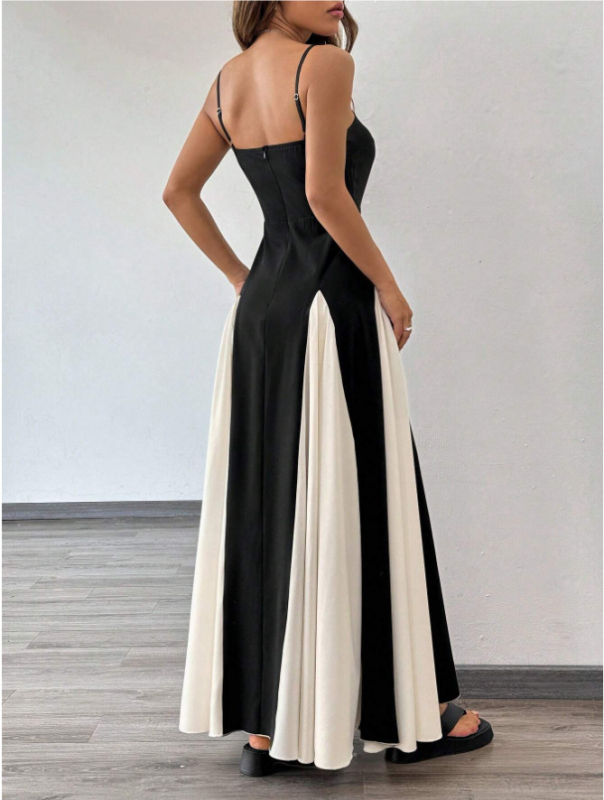 Hosszú pántos ruha pamut-poliészter anyagból, színblokkokkal, magas derékkal, U-nyakú