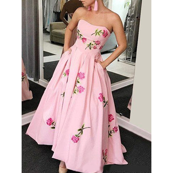 Női nyári váll nélküli virágmintás A-vonalú hosszú ruha, magas derekú, pamut-elasztán anyag