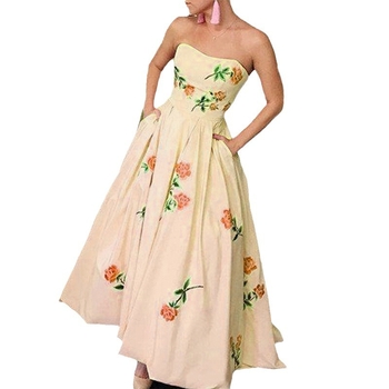 Női nyári váll nélküli virágmintás A-vonalú hosszú ruha, magas derekú, pamut-elasztán anyag