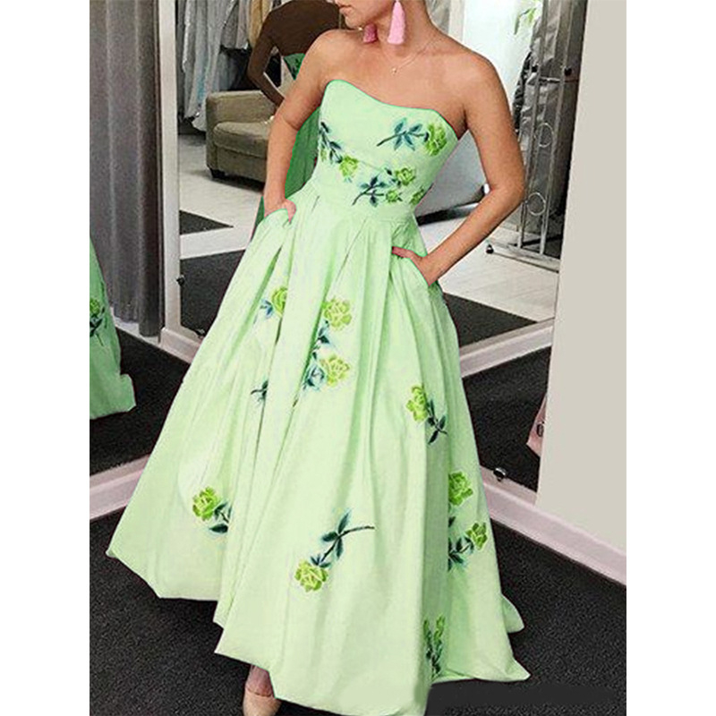 Női nyári váll nélküli virágmintás A-vonalú hosszú ruha, magas derekú, pamut-elasztán anyag