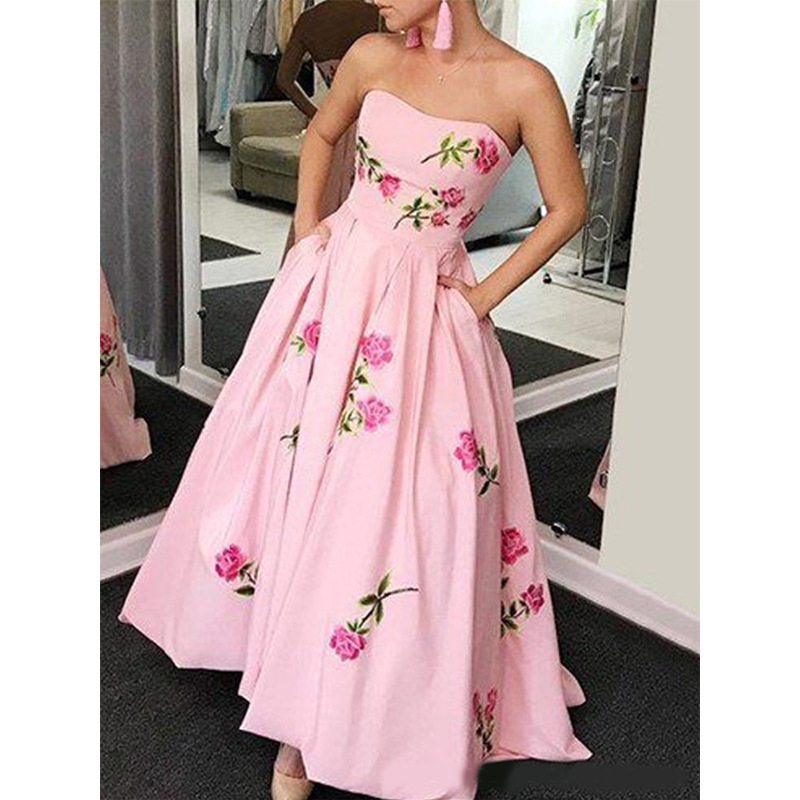 Női nyári váll nélküli virágmintás A-vonalú hosszú ruha, magas derekú, pamut-elasztán anyag