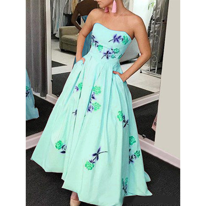 Női nyári váll nélküli virágmintás A-vonalú hosszú ruha, magas derekú, pamut-elasztán anyag