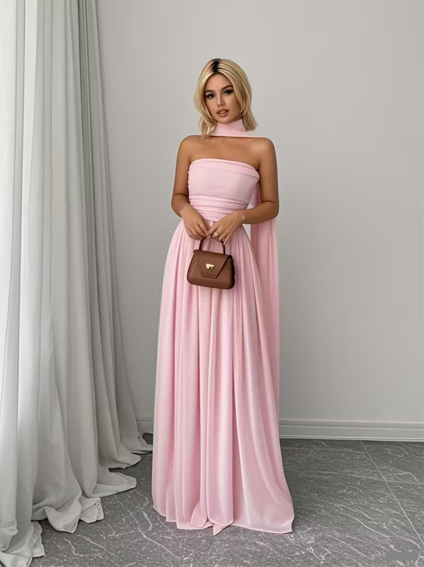 Két darabos ruhaszett: váll nélküli, ujjatlan, hosszú, A-vonalú ruha, magas derékkal, poliészter