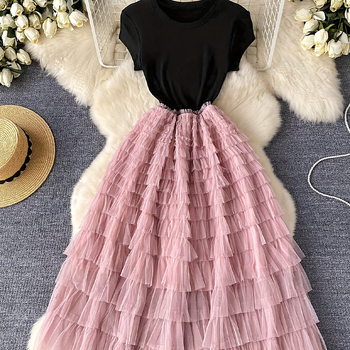 Patchwork haljina – stil princeze, duga A-linija, okrugli izrez, kratki rukavi