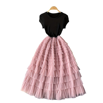 Patchwork haljina – stil princeze, duga A-linija, okrugli izrez, kratki rukavi