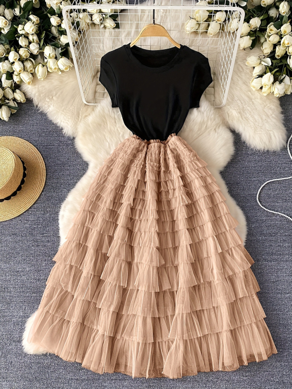 Patchwork haljina – stil princeze, duga A-linija, okrugli izrez, kratki rukavi