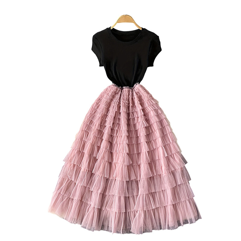 Patchwork haljina – stil princeze, duga A-linija, okrugli izrez, kratki rukavi