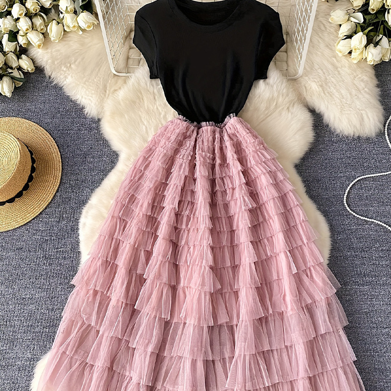 Patchwork haljina – stil princeze, duga A-linija, okrugli izrez, kratki rukavi