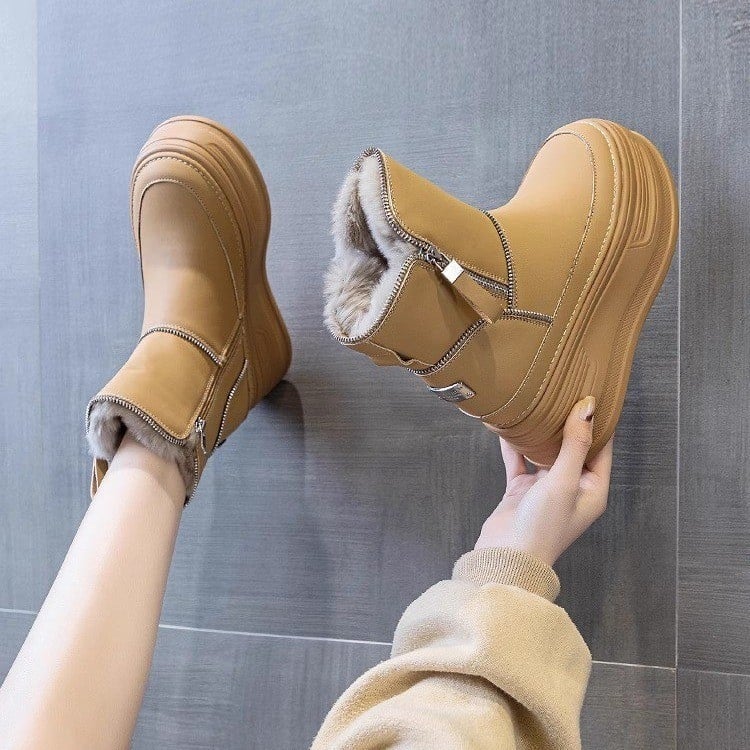 Női téli divatcsizmák belső magasságnövelővel és műszőrme bélésével, rövid szárú, kerek orrú, Ultra-Fiber felső rész bőr, PU talp