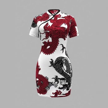 Qipao-stílusú ruha, állatmintás, digitális nyomtatás, poliészter, V-nyakú, középhosszú