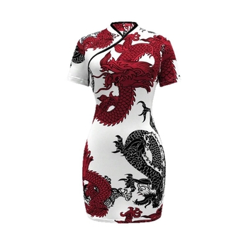 Qipao-stílusú ruha, állatmintás, digitális nyomtatás, poliészter, V-nyakú, középhosszú