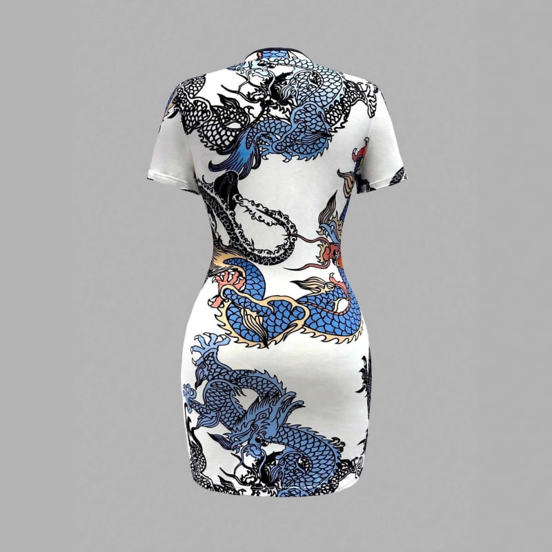 Qipao-stílusú ruha, állatmintás, digitális nyomtatás, poliészter, V-nyakú, középhosszú